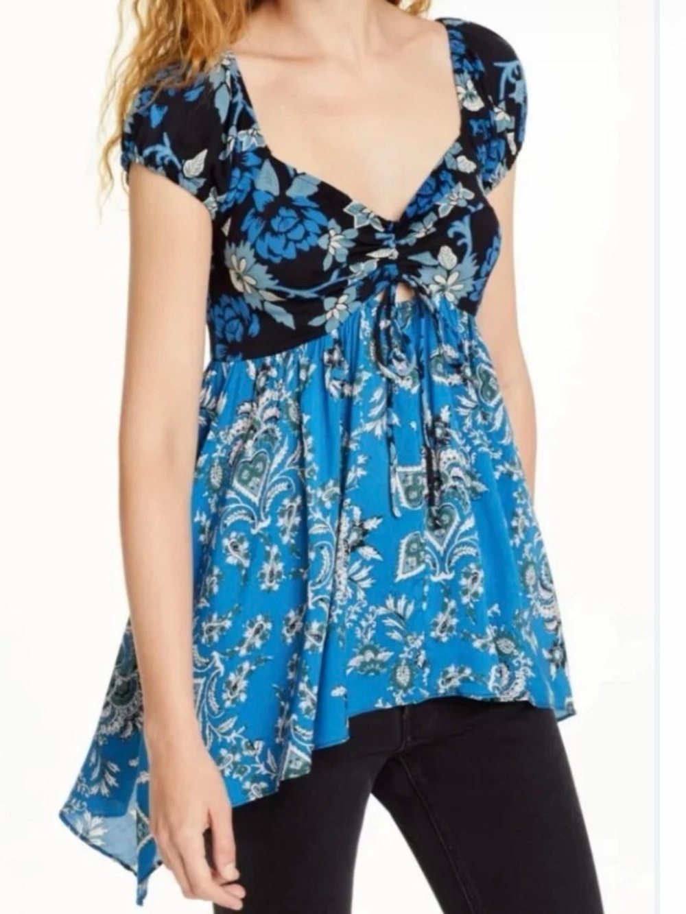 Free People La Bamba Blue Floral Empire-Waist Tunic
